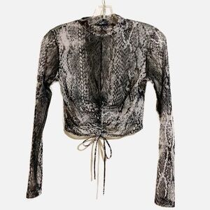 Windsor Sheer Ruched High Collar Long Sleeve Tie at Hem Crop Top Blouse.
